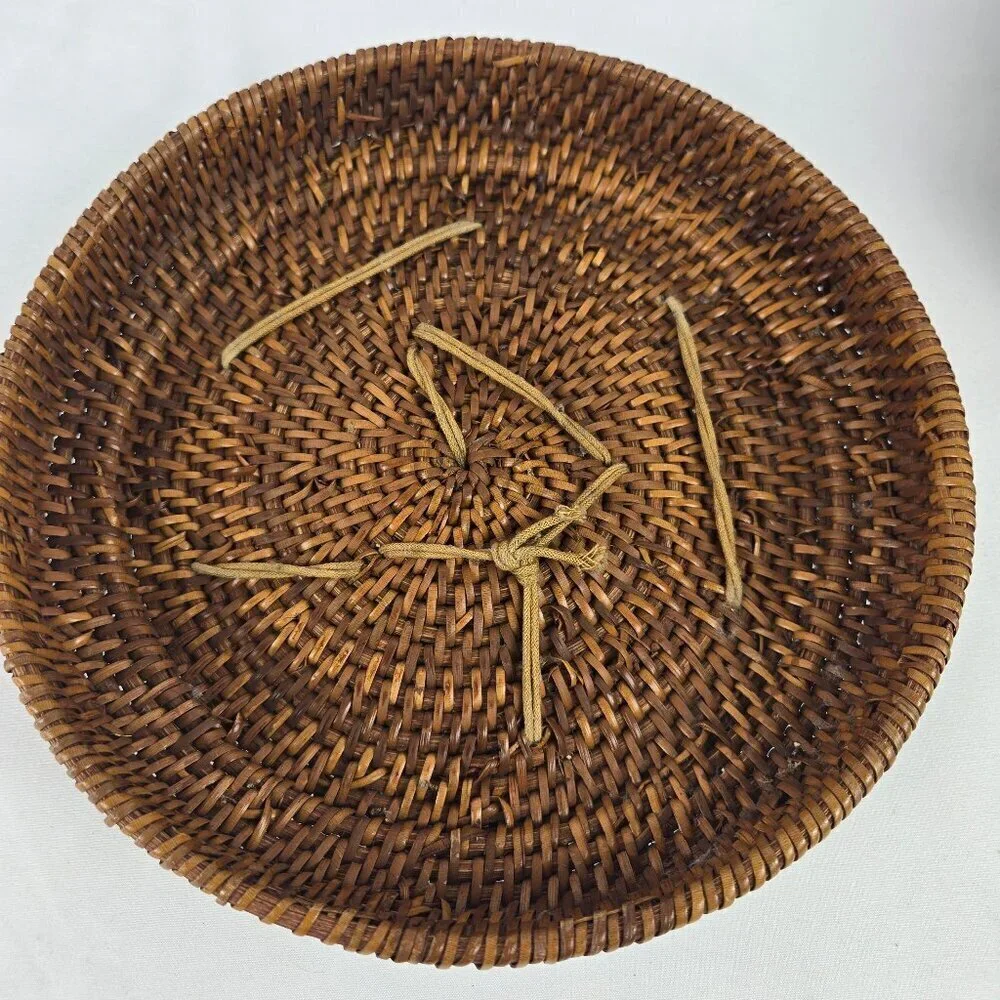 Vintage Chinese Sewing Basket Brown Handmade Round Wicker Glass Bead Accents